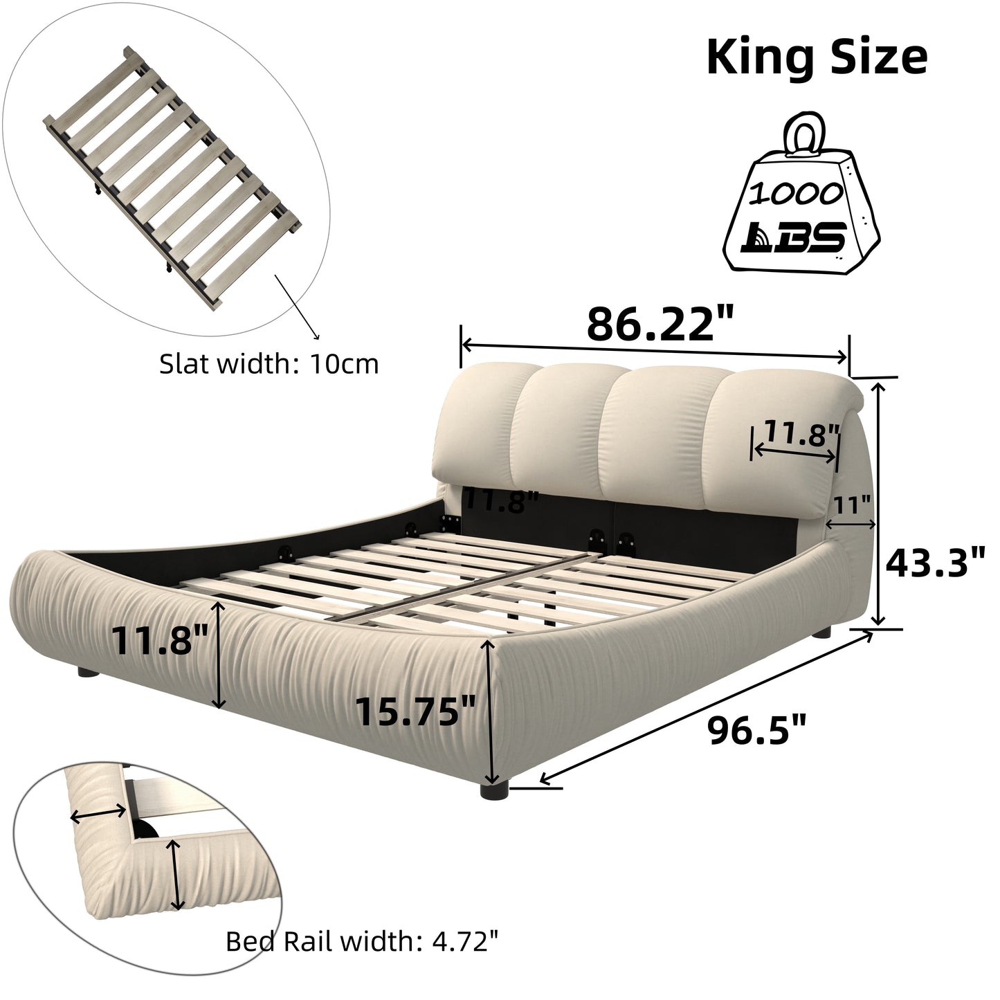 Luxury Upholstered Platform Bed with Oversized Padded Backrest and Solid Wood Frame, Suitable for Multiple Heights of Mattresses