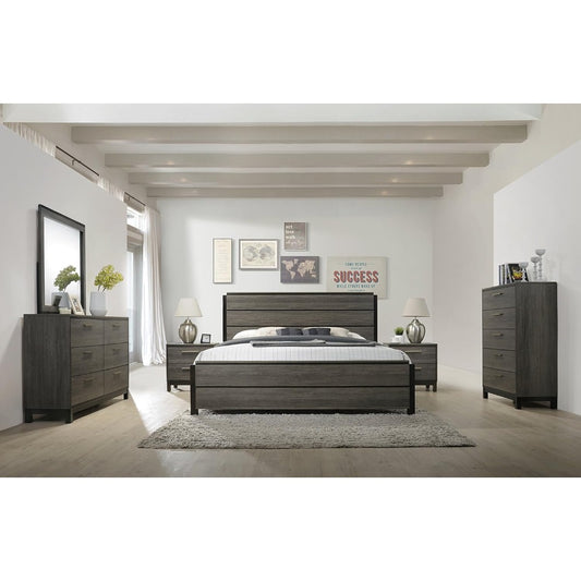 Roundhill Furniture Ioana 187 Antique Grey Finish Wood Bed Room Set, Queen Size Bed, Dresser, Mirror, 2 Night Stands, Chest